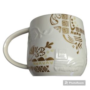 Starbucks 2012 Gold White Coffee Cup Mug Aztec Floral Tiki Embossed Design X2